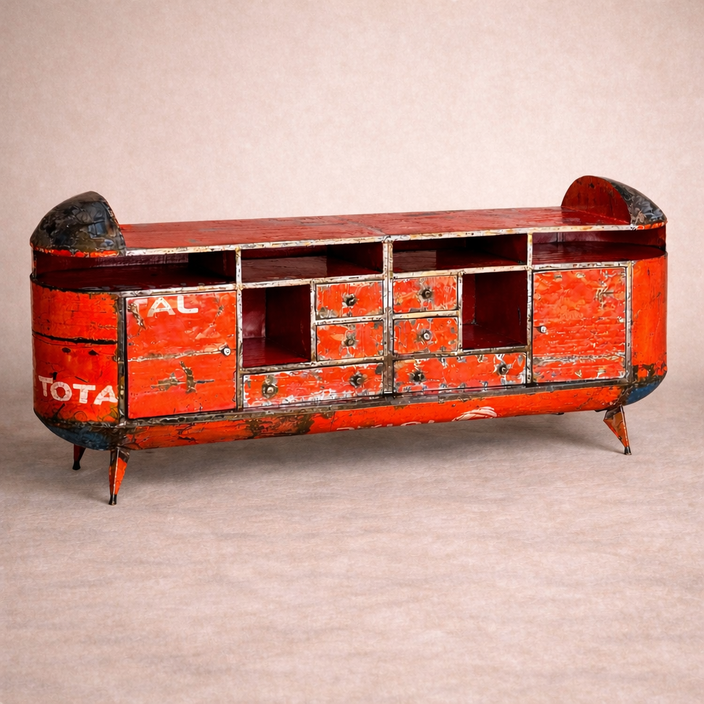 Luxe TV . Sculptural Storage Console in Recycled Oil-Drum Metal